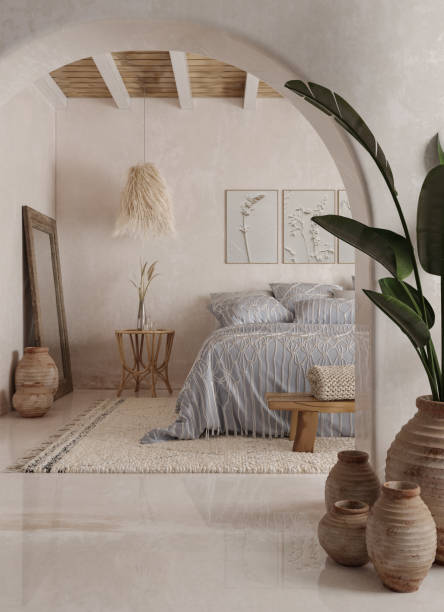 Beach House Mediterranean Bedroom Interior, 3D Rendering.
