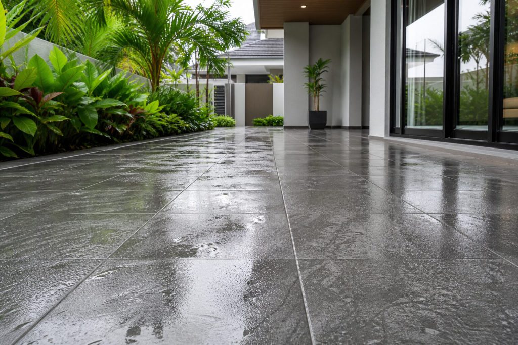 wet outdoor floor tiles showing textured slip-resistant surface
