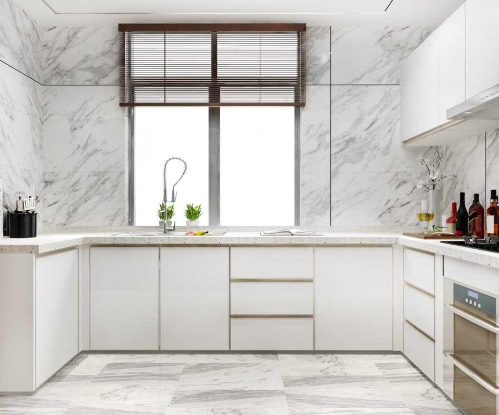 Contemporary kitchen showcasing easy-clean tile surfaces, including porcelain-look flooring and tiled wall finishes.
