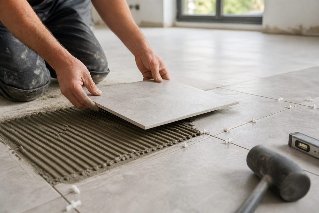 Worker installing ceramic floor tiles with tile spacers during a renovation project, showing proper tile placement for residential or commercial flooring.