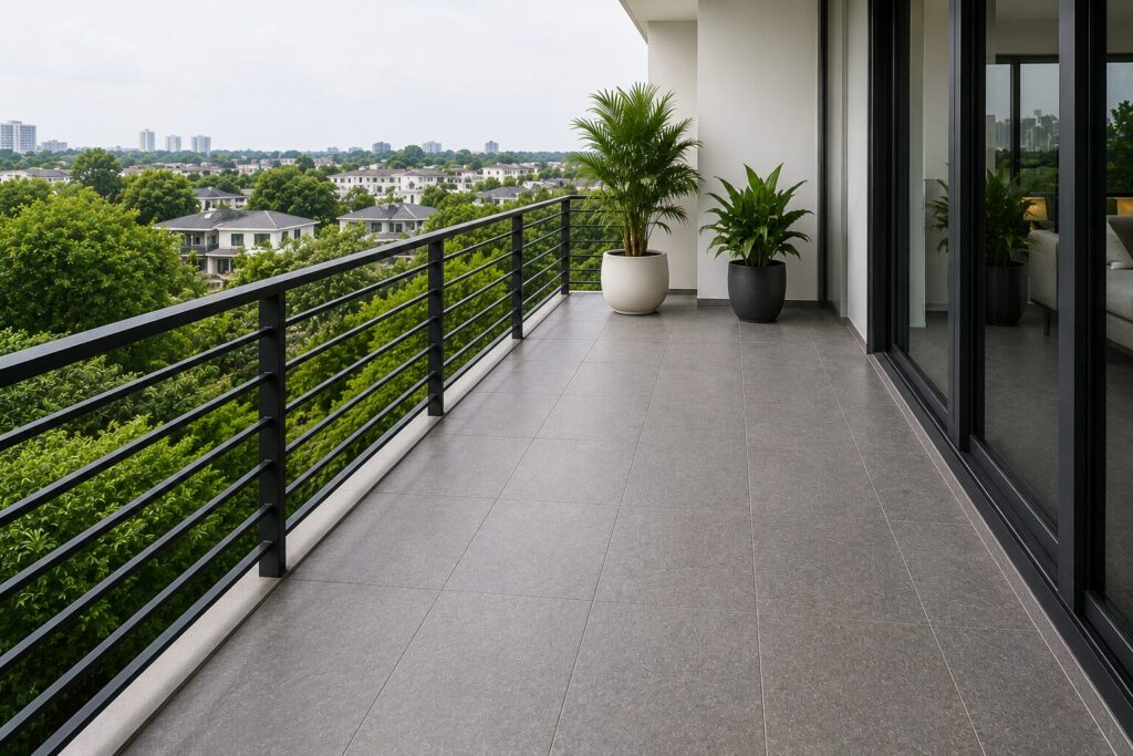 Outdoor balcony with porcelain floor tiles, black metal railing and durable flooring designed for exposed residential spaces.