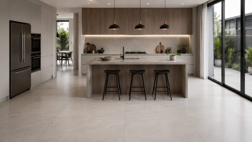 Contemporary kitchen featuring floor tiles and wall surfaces selected for durability, cleanability and everyday kitchen activities.