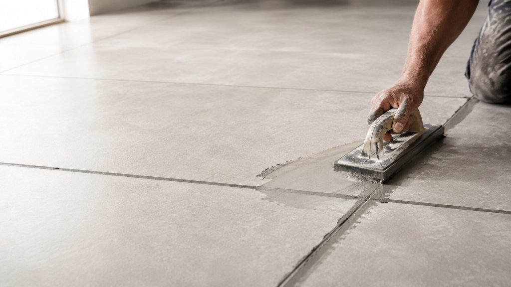 Tile grout installation on porcelain floor tiles showing grout joints, joint widths and professional floor finishing work.