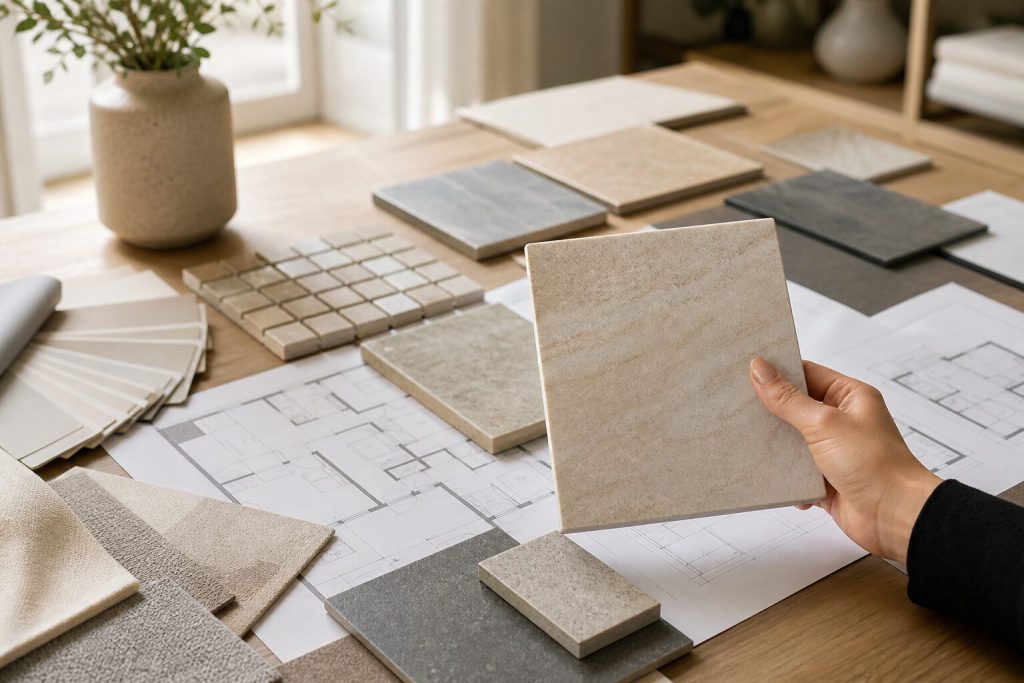 Selecting ceramic and porcelain tile samples for different rooms in Malaysia