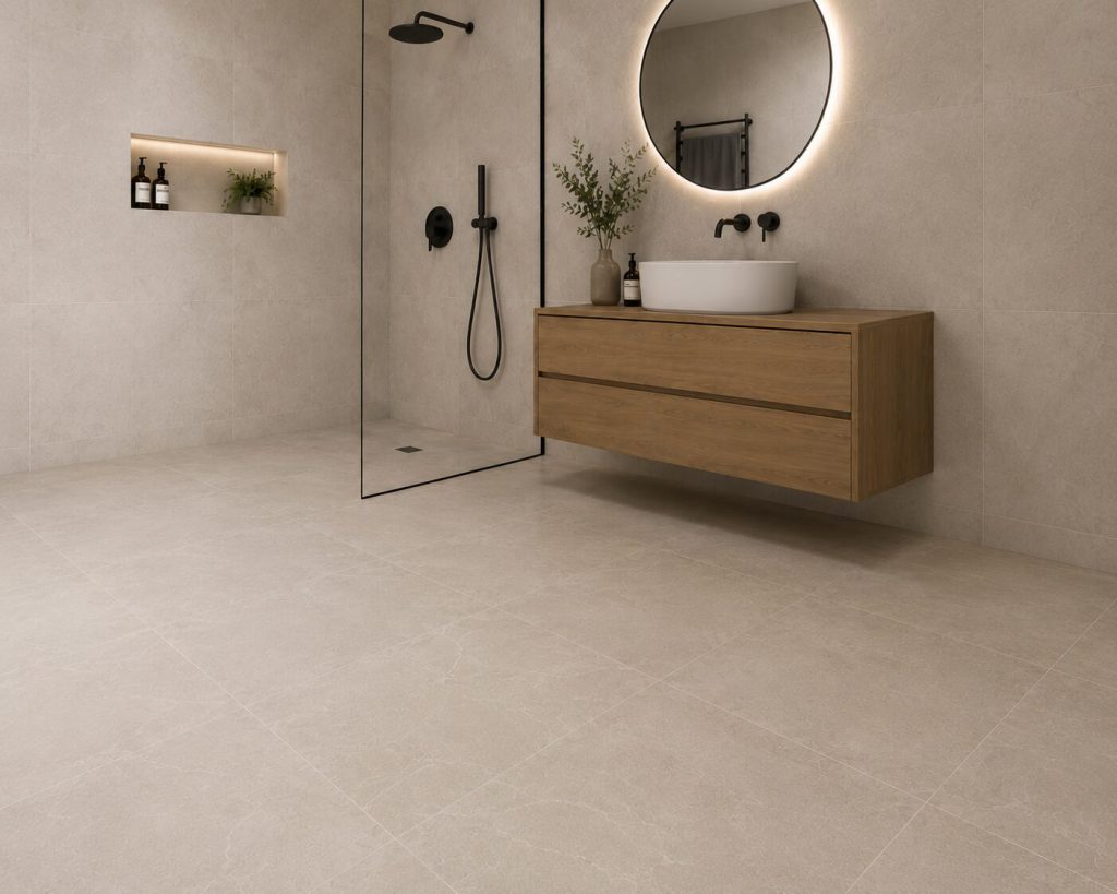 Bathroom floor and wall tiles in a modern bathroom with large-format stone-look surfaces and a minimal-joint layout.