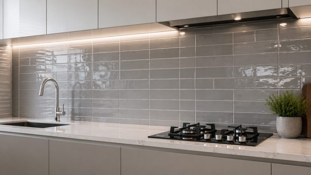Modern kitchen backsplash featuring glossy ceramic wall tiles behind the cooking and washing areas.