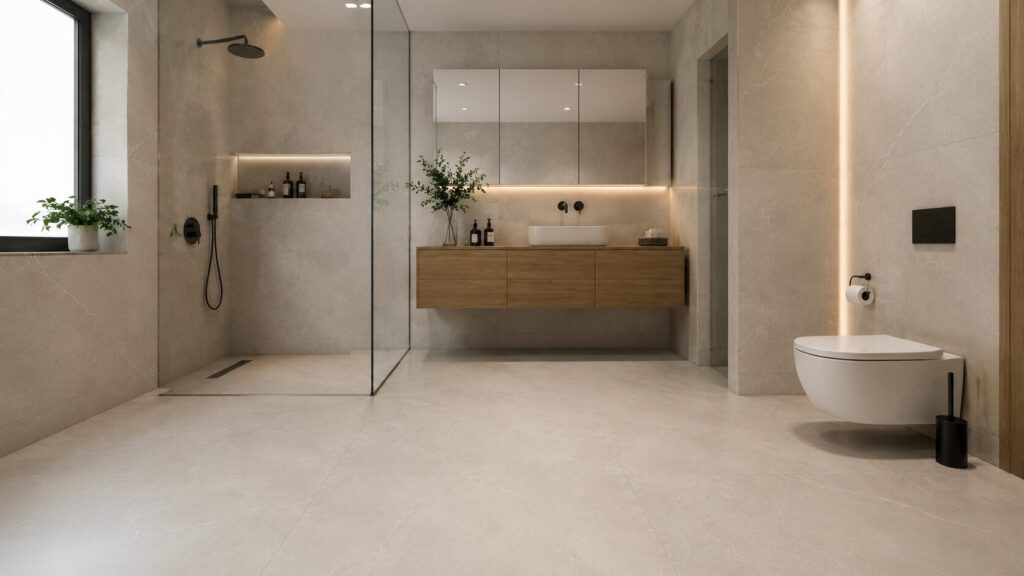 Contemporary bathroom showcasing large-format tile installation and a minimal-joint layout.