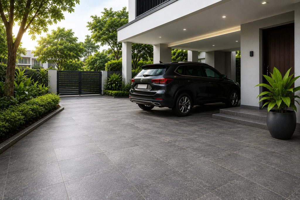 Outdoor porcelain tiles with an anti-slip textured finish installed in a residential car porch.