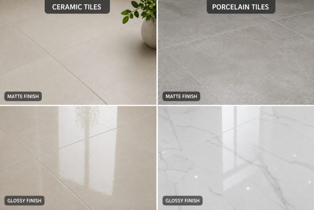 Comparison of matte and glossy ceramic and porcelain floor tiles showing differences in brightness and light reflection.