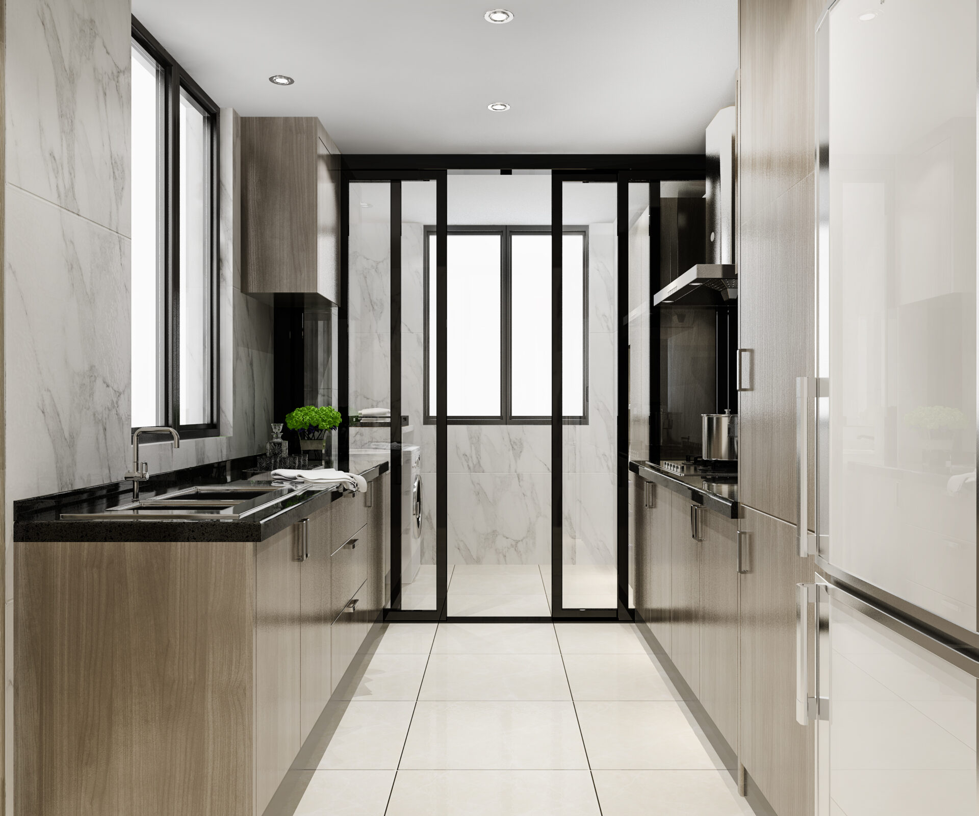 3d rendering white minimal kitchen with wood decoration