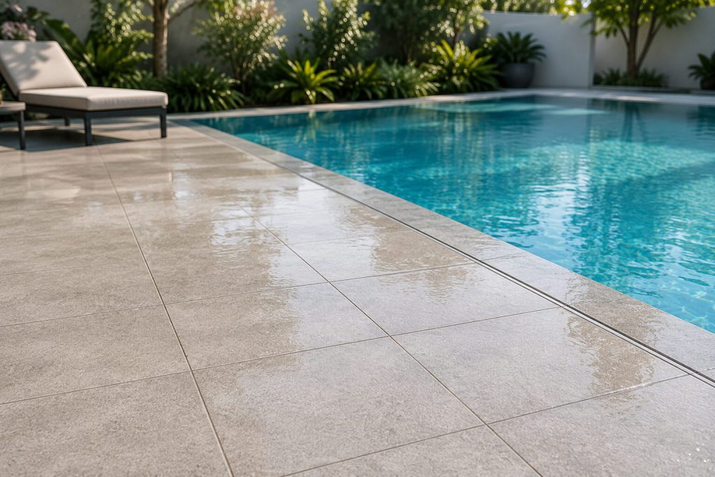 Modern swimming pool with wet outdoor tiles designed for pool decks and anti-slip performance
