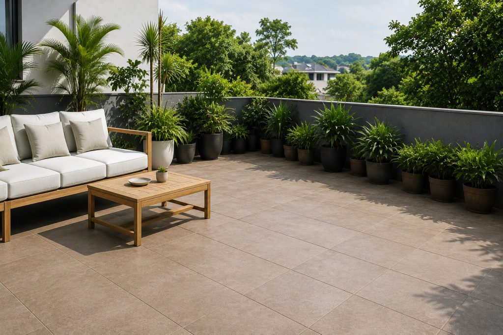 Outdoor terrace with large-format porcelain tiles and comfortable outdoor seating area.