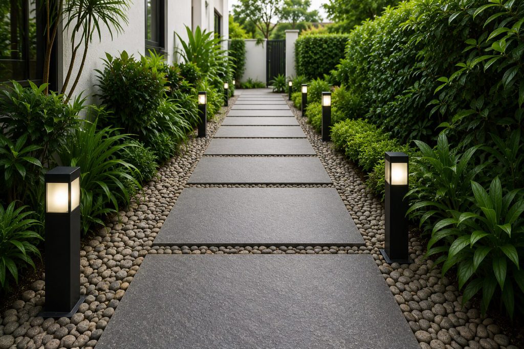 Outdoor porcelain walkway tiles with textured anti-slip surface and landscaped garden surroundings.