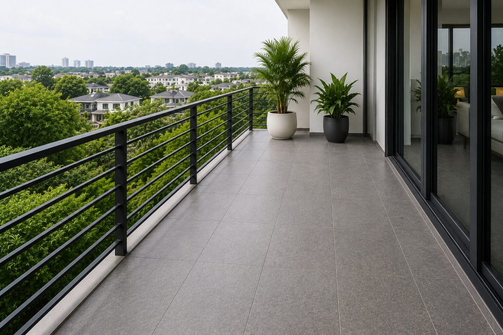 Outdoor balcony with porcelain floor tiles, black metal railing and durable flooring designed for exposed residential spaces.