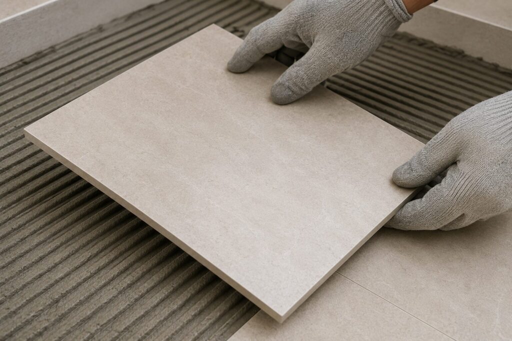 Positioning a large beige floor tile during installation.