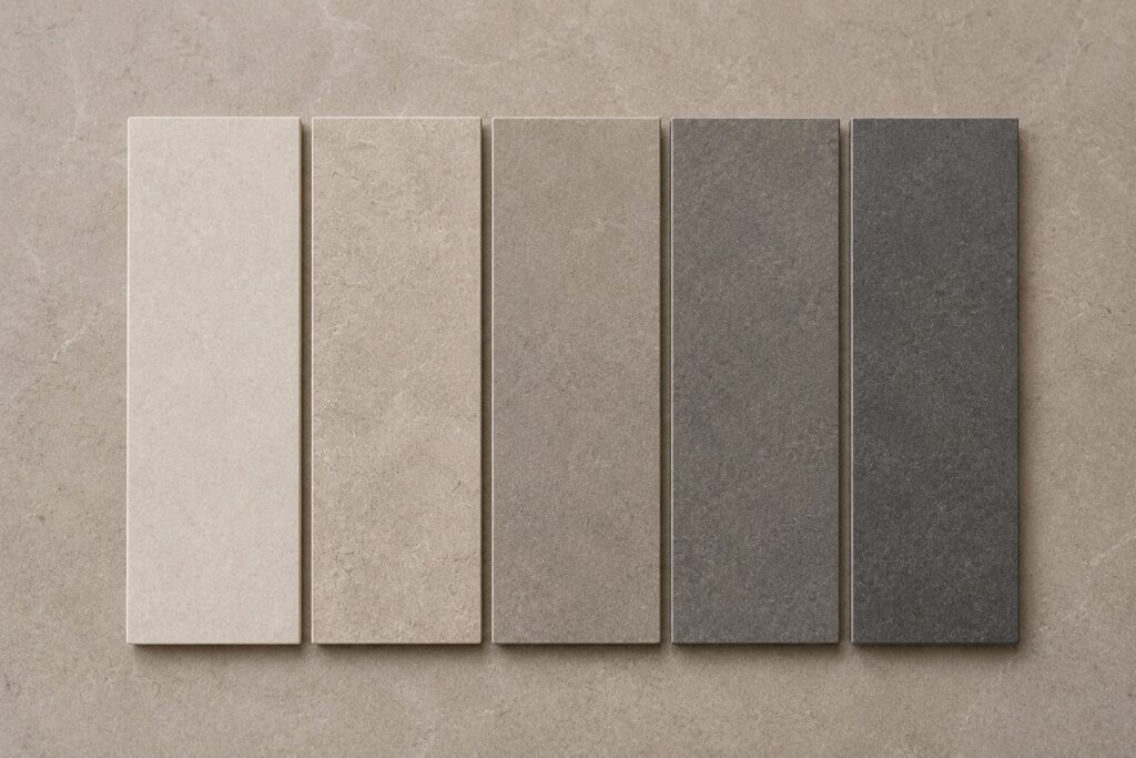 Five rectangular tile samples arranged from light beige to dark grey on a neutral stone surface.