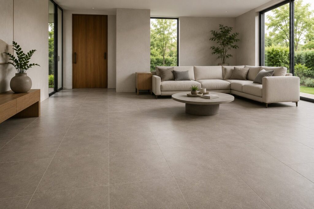 Modern neutral living room with large matte beige floor tiles, a cream sectional sofa, wooden accents, and floor-to-ceiling garden windows.