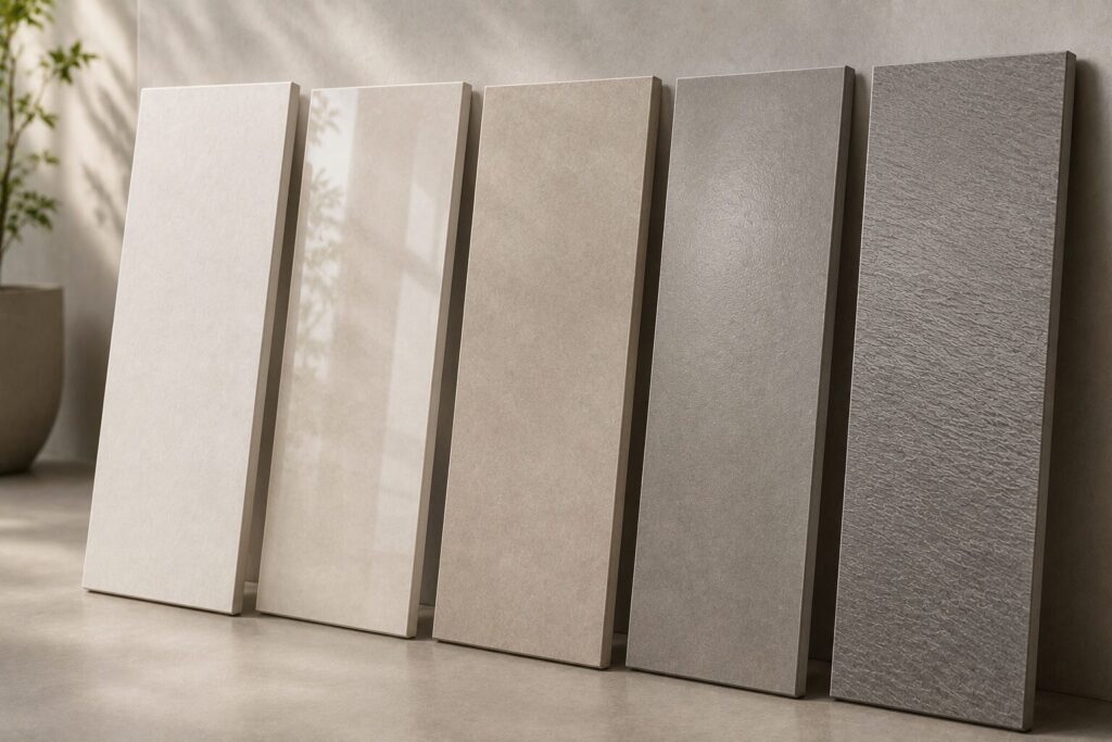 Five large rectangular tile samples in neutral cream, beige, and grey tones, displaying glossy and textured surface finishes.