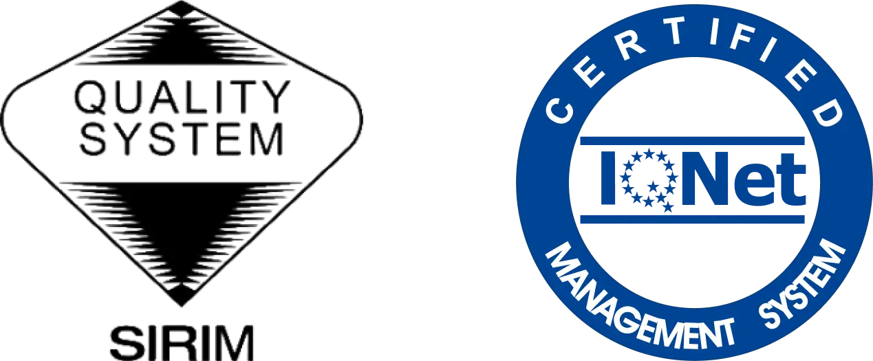 MS ISO 9001:2015 Quality System and IQNet certification marks