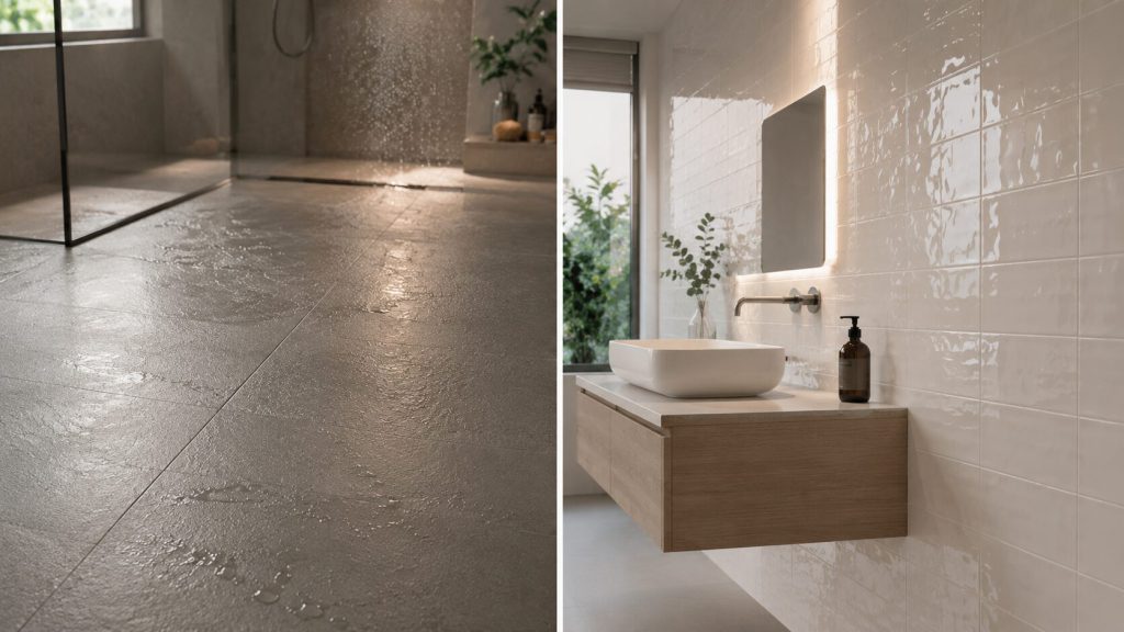 Bathroom floor tiles vs bathroom wall tiles with textured wet-area flooring and glossy wall finishes.