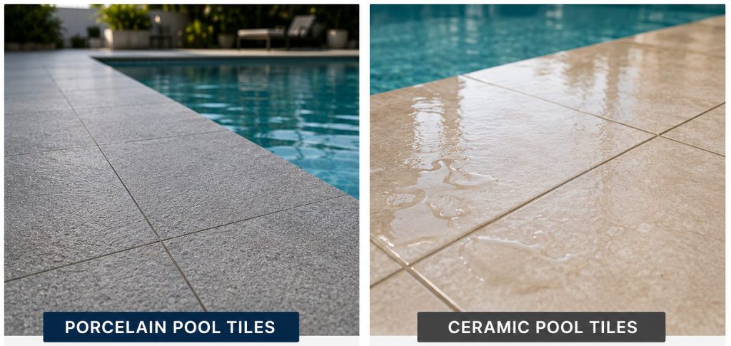 Porcelain vs ceramic pool tiles comparison highlighting water absorption, durability and suitability for pool areas