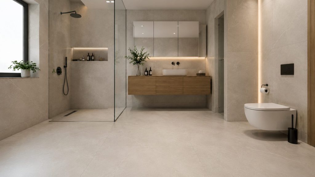 Contemporary bathroom showcasing large-format tile installation and a minimal-joint layout.