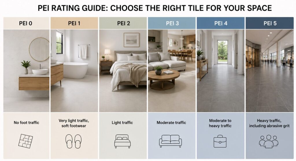 PEI tile rating guide comparing Classes 0 to 5, from wall tiles and light-use rooms to heavy-traffic commercial areas.