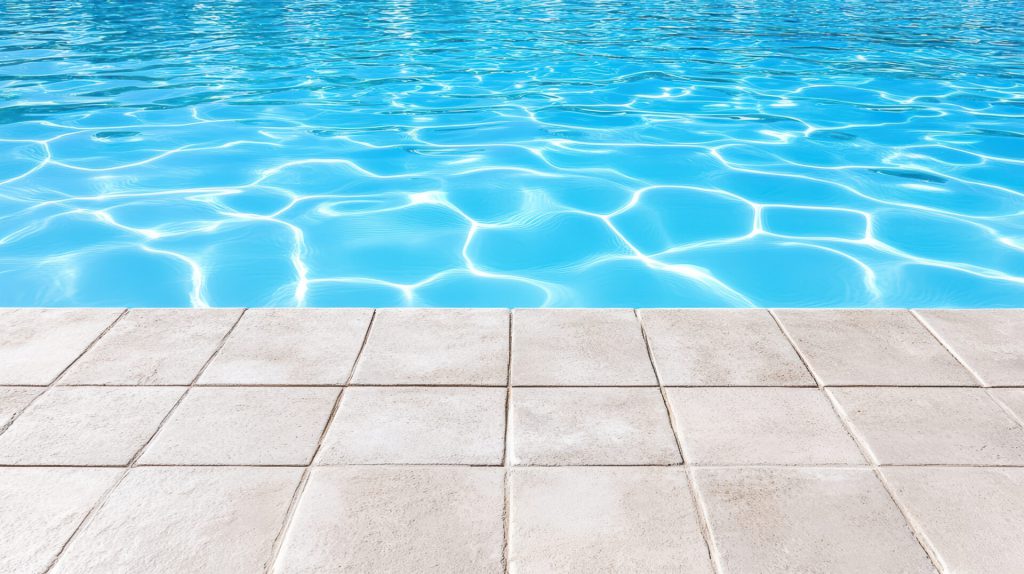Pool deck tiles surrounding a swimming pool, highlighting wet-area performance and slip resistance in Malaysia