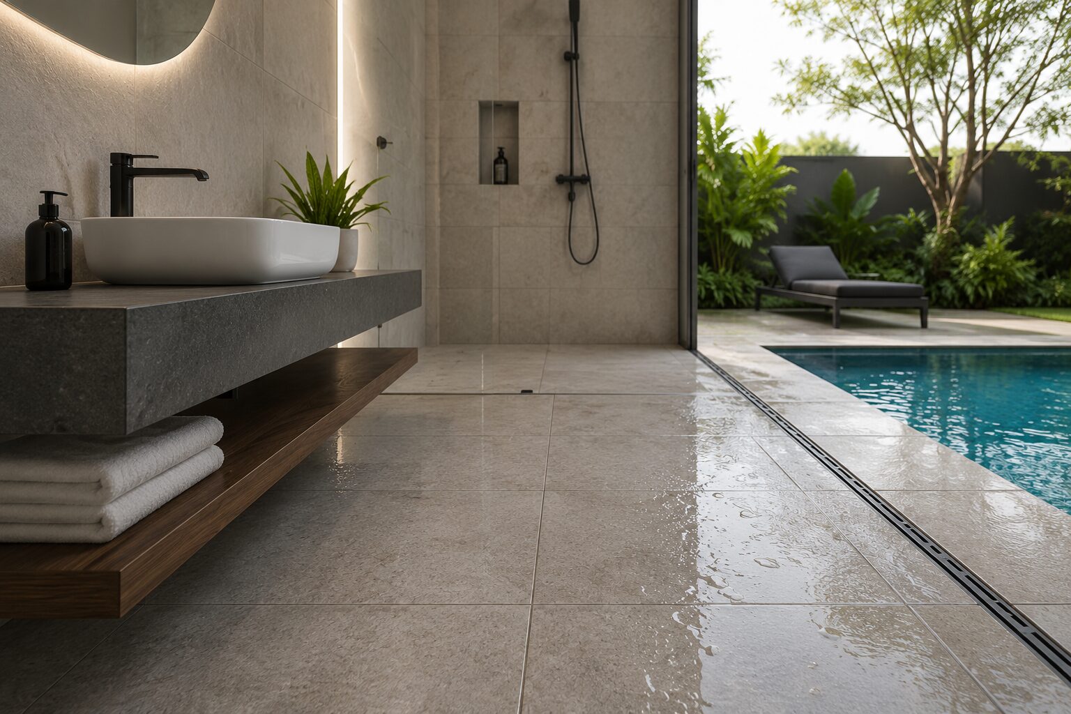 Wet outdoor floor tiles showing textured slip-resistant surface for safety